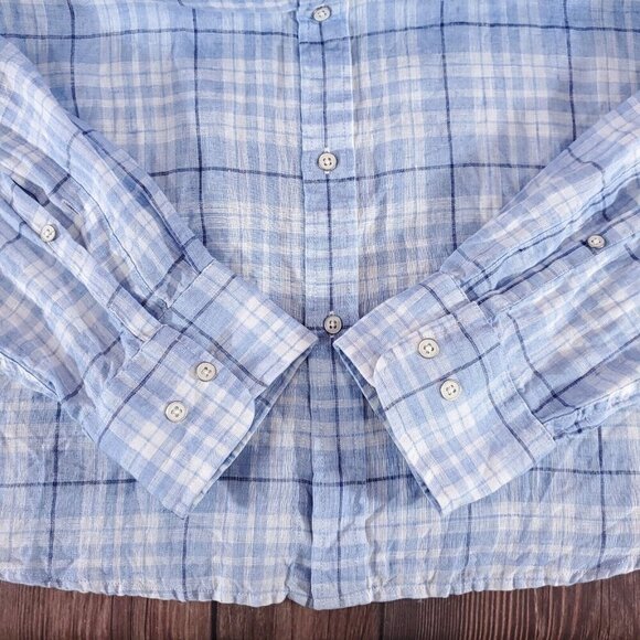 Peter Millar Mens Size Large Blue White 100% Linen Long Sleeve Button Down Shirt - Picture 6 of 12